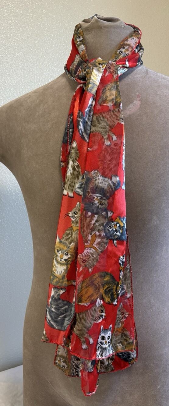 Red Cat Scarf Pattern Animal Scarf Silky 13" X 60" Crazy Cat Lady